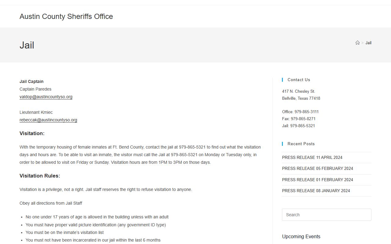 Austin County Jail visitation rules for inmate records users