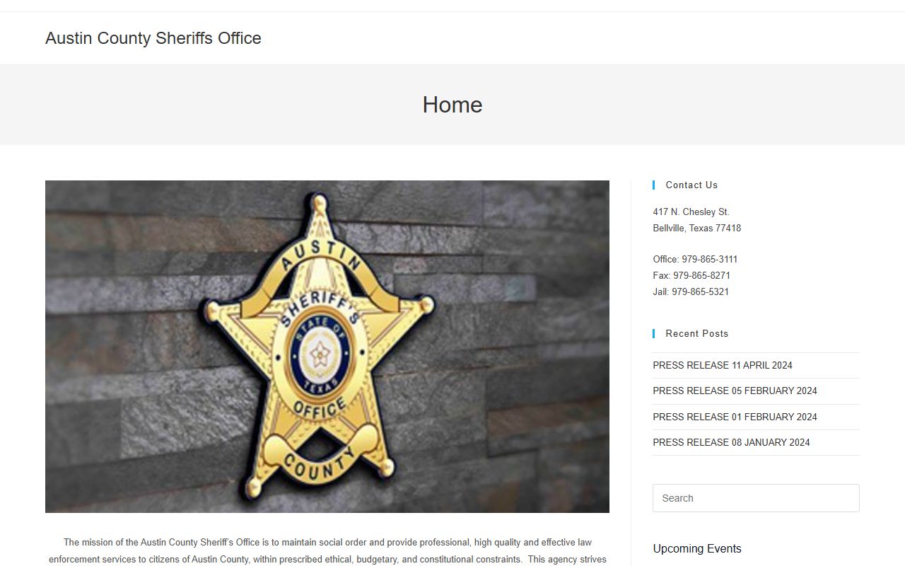 Austin County inmate search sheriff office homepage