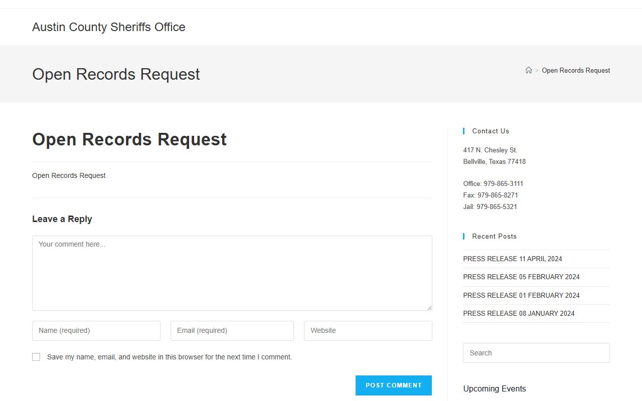 Austin County open records request page for jail booking photos