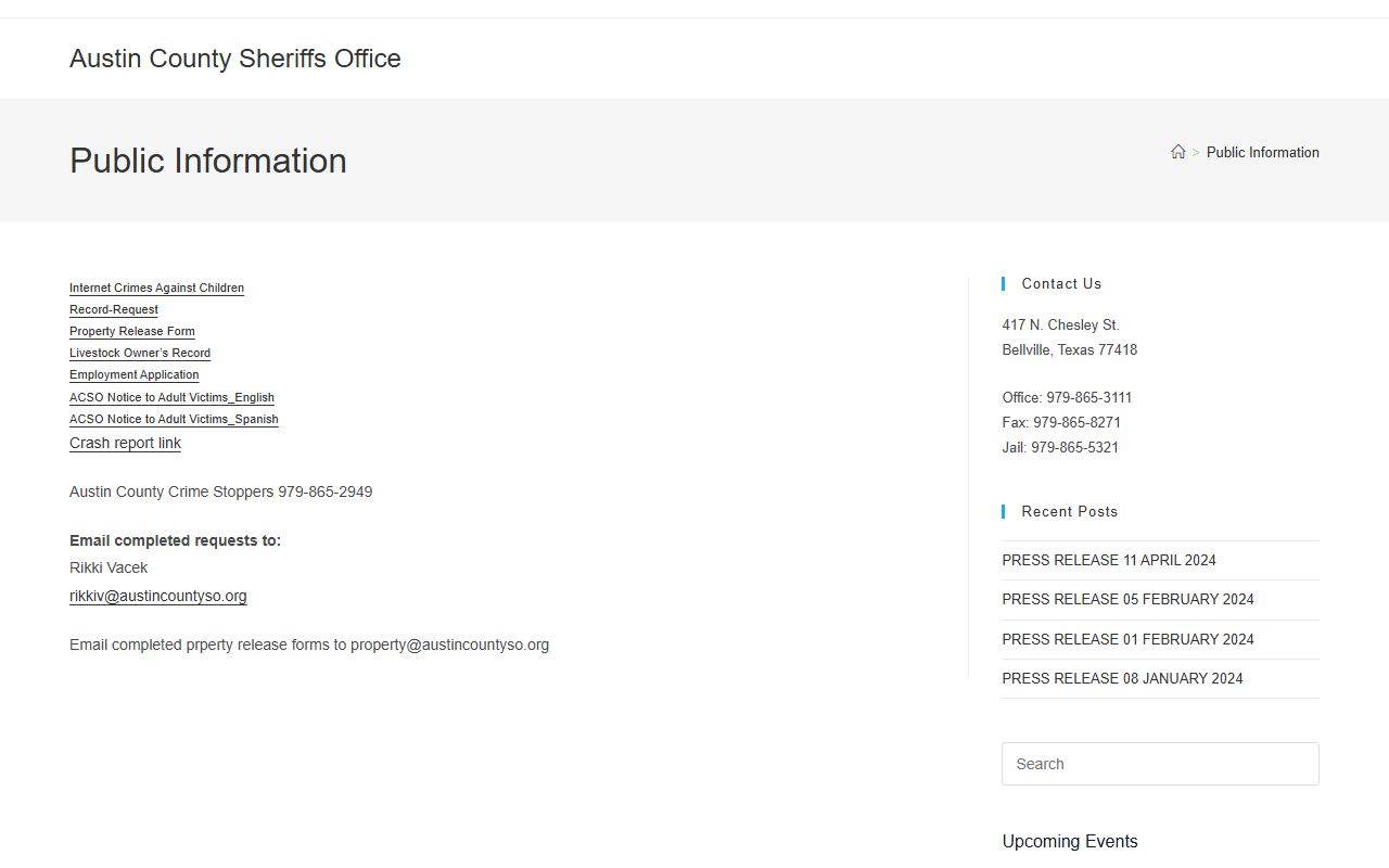 Austin County sheriff public information page for inmate records requests
